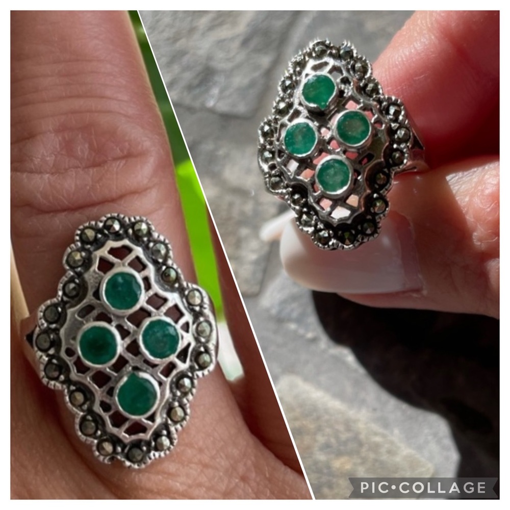 Emerald /Marcasite S925 sterling silver ring - Picture 10 of 11